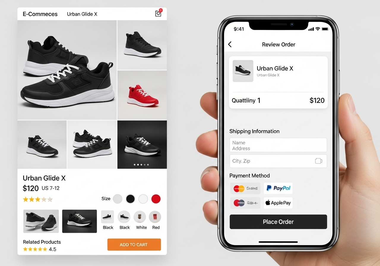 E-commerce product listings and mobile checkout
