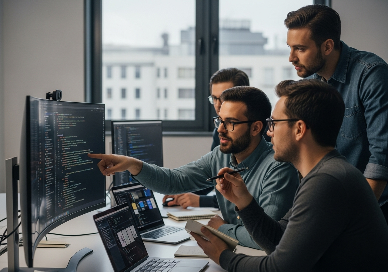 Modern team collaborating with code on screens